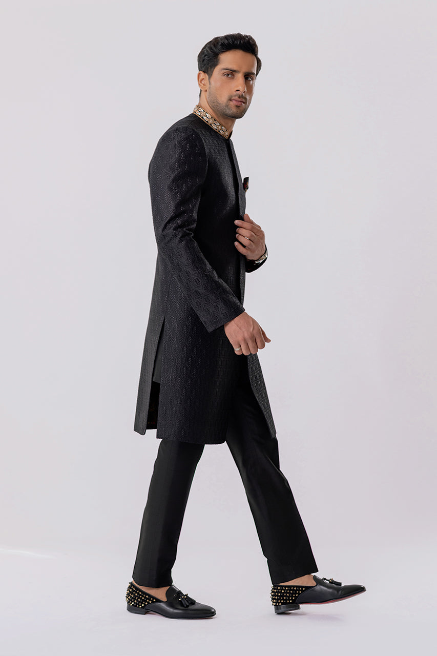 Charcoal Embroidered Raw Silk Sherwani (2-Piece) - Image 3