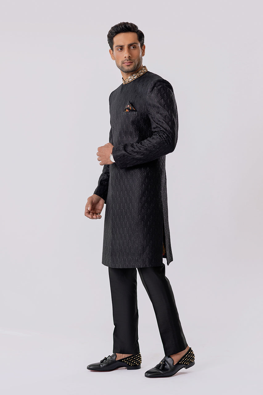 Charcoal Embroidered Raw Silk Sherwani (2-Piece) - Image 4