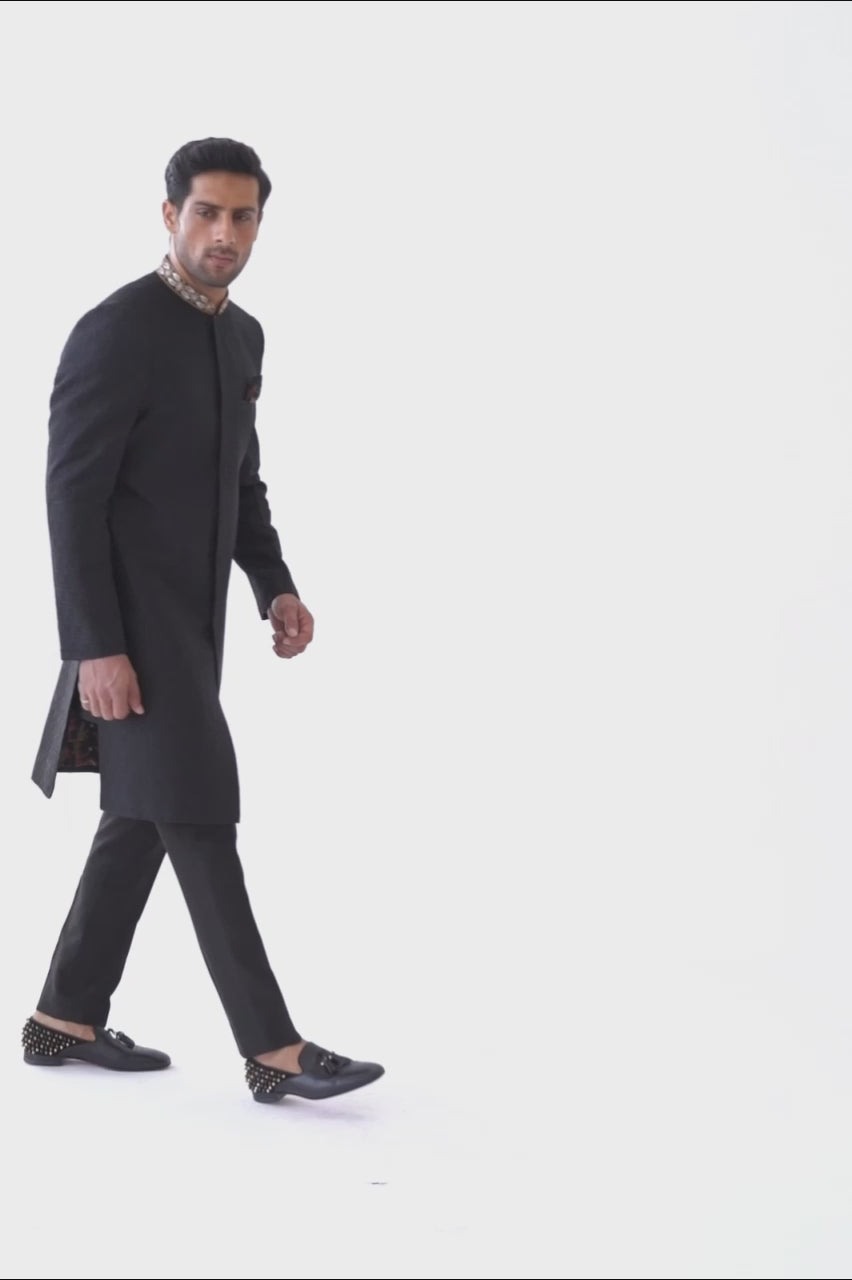 Charcoal Embroidered Raw Silk Sherwani (2-Piece) - Image 5