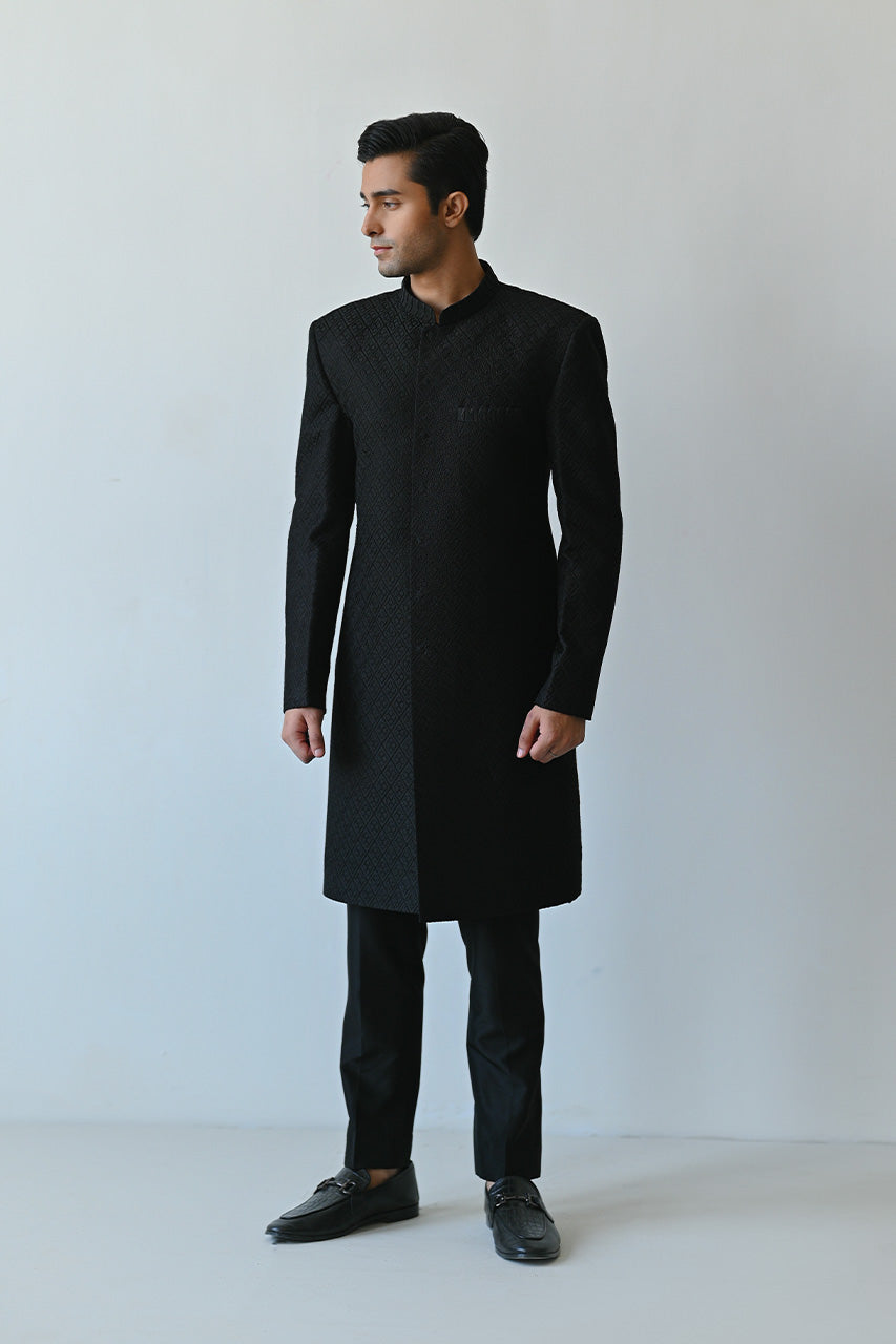 Ebony Textured Pure Raw Silk Achkan Sherwani (2-Piece) - Image 1
