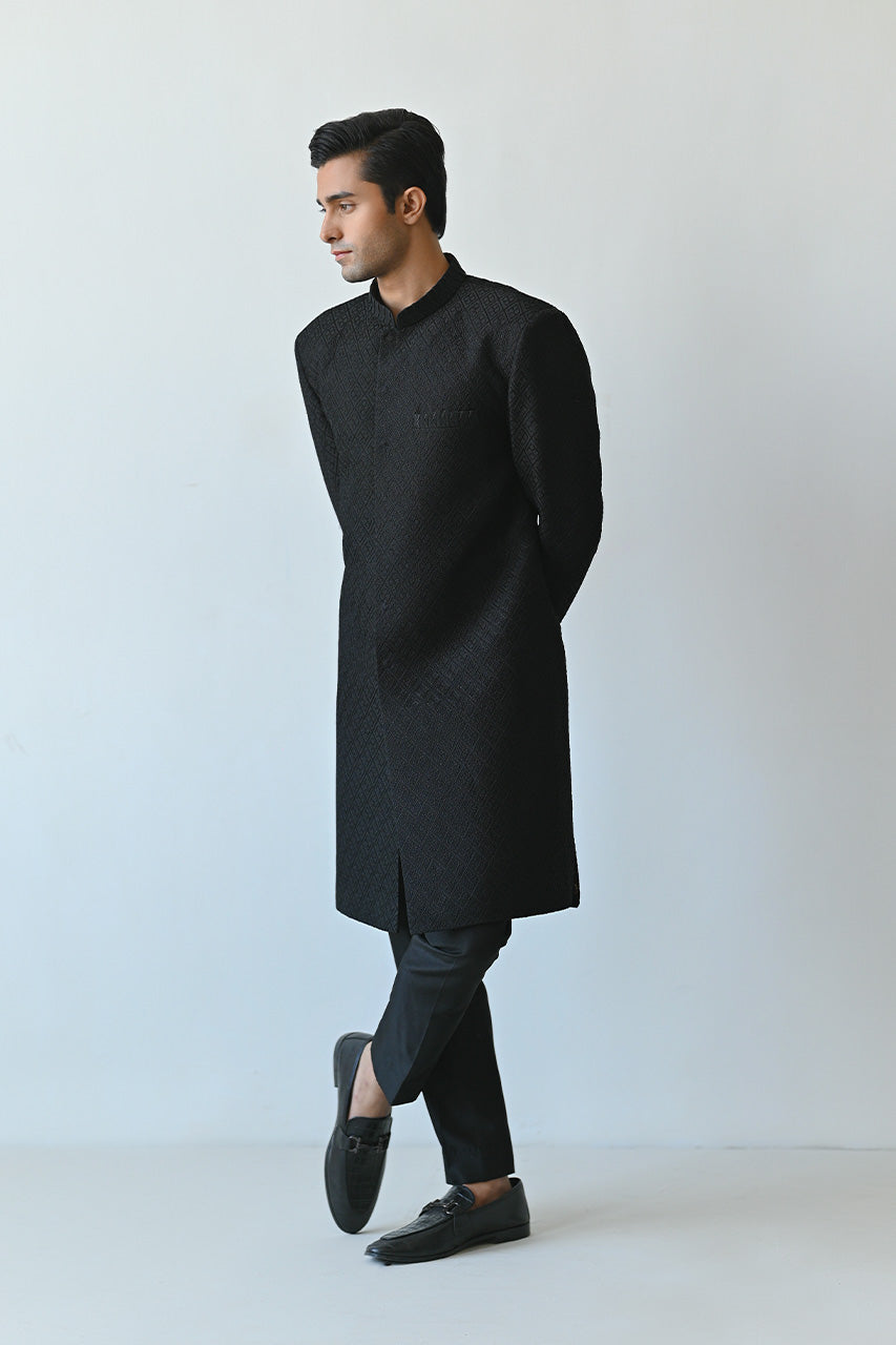 Ebony Textured Pure Raw Silk Achkan Sherwani (2-Piece) - Image 2