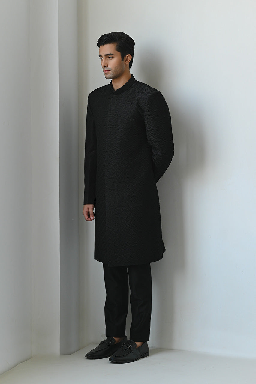 Ebony Textured Pure Raw Silk Achkan Sherwani (2-Piece) - Image 3