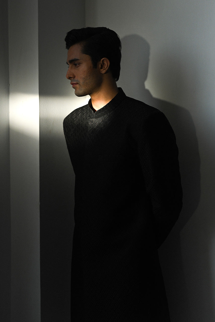 Ebony Textured Pure Raw Silk Achkan Sherwani (2-Piece) - Image 5