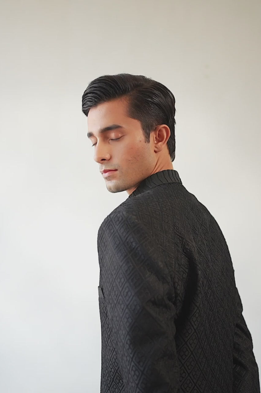 Ebony Textured Pure Raw Silk Achkan Sherwani (2-Piece) - Image 6