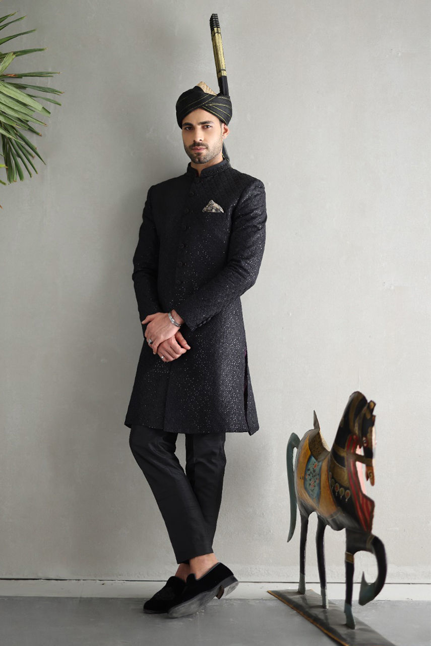 Black Sequin Raw Silk Achkan Sherwani (2-Piece) - Image 1