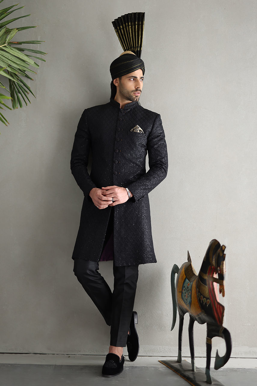 Black Sequin Raw Silk Achkan Sherwani (2-Piece) - Image 2