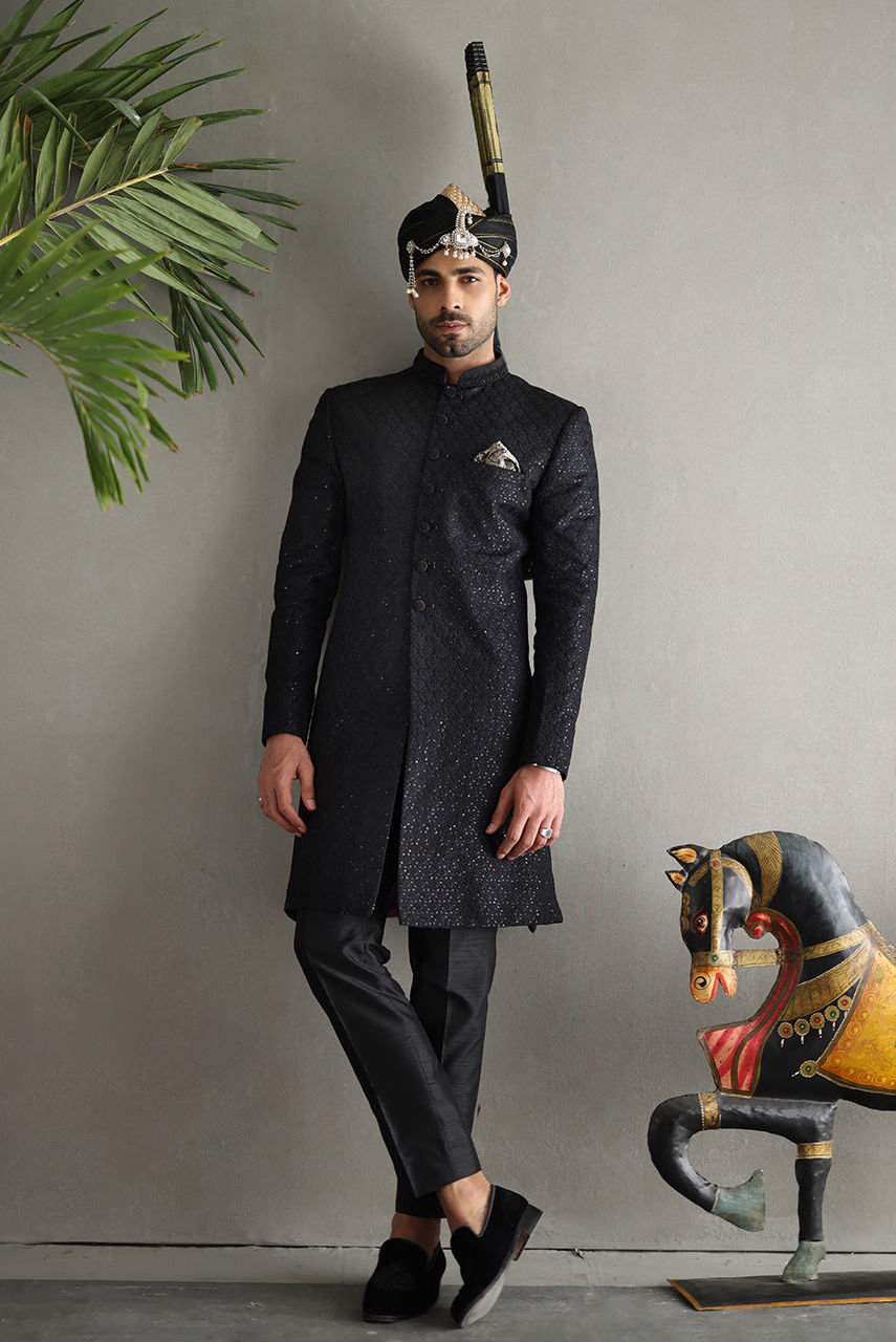 Black Sequin Raw Silk Achkan Sherwani (2-Piece) - Image 3