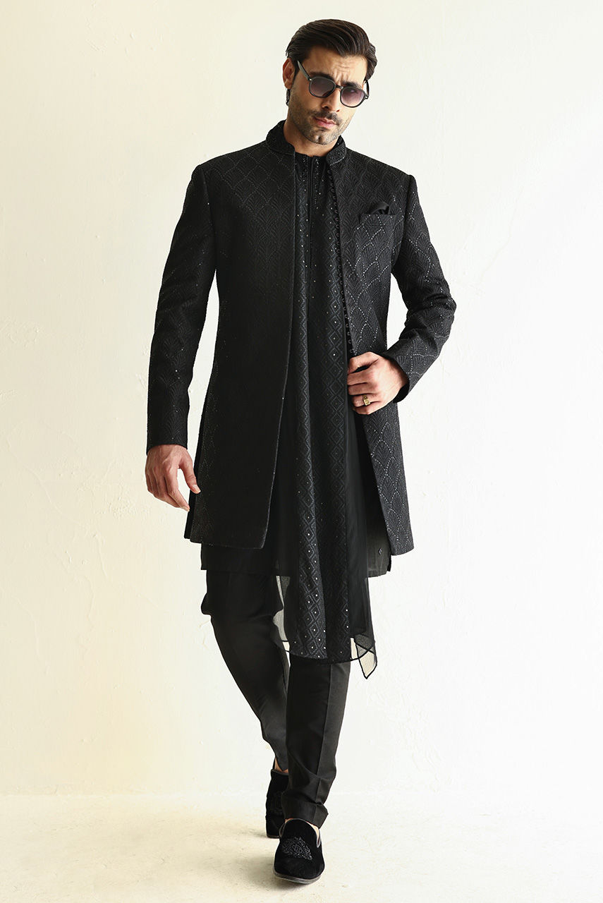 Black Embroidered Raw Silk Achkan Sherwani (4-Piece) - Image 1