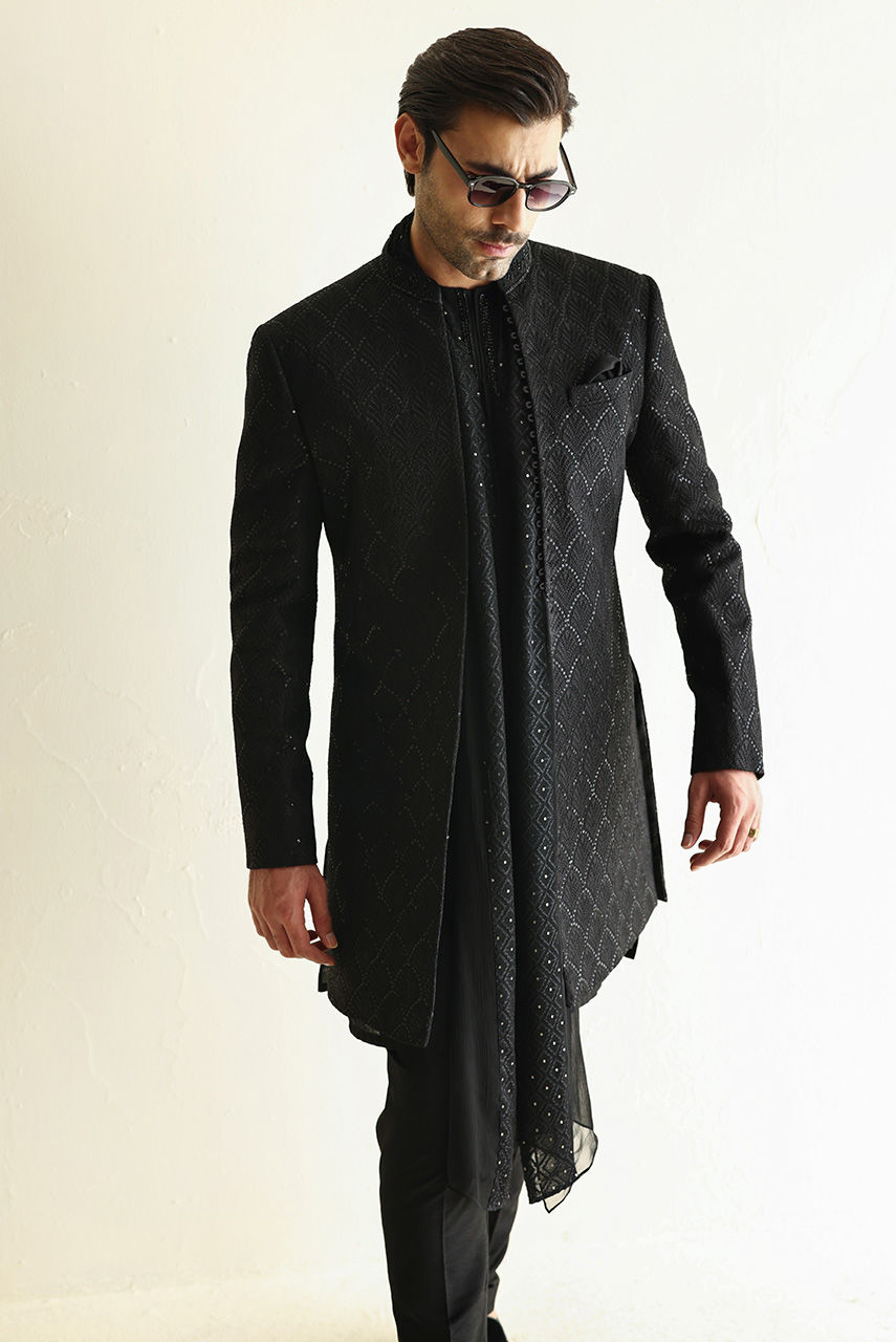 Black Embroidered Raw Silk Achkan Sherwani (4-Piece) - Image 2