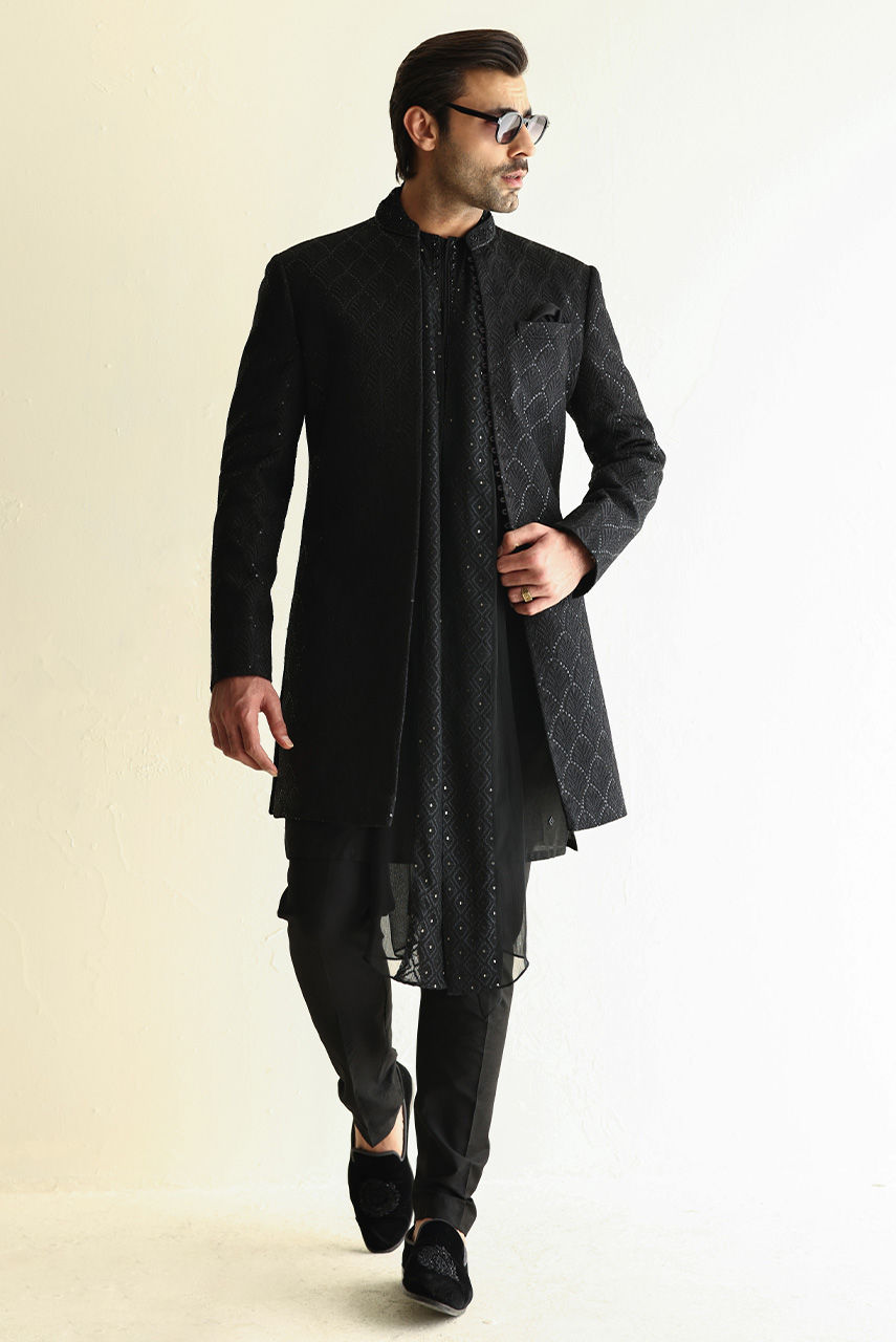 Black Embroidered Raw Silk Achkan Sherwani (4-Piece) - Image 4
