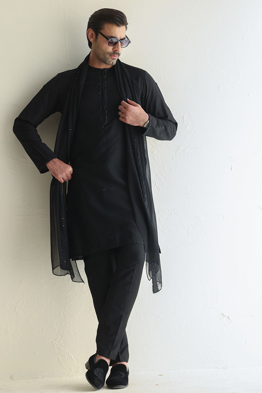 Black Embroidered Raw Silk Achkan Sherwani (4-Piece) - Image 5