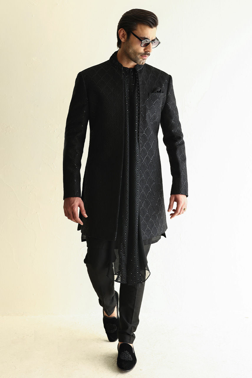 Black Embroidered Raw Silk Achkan Sherwani (4-Piece) - Image 6