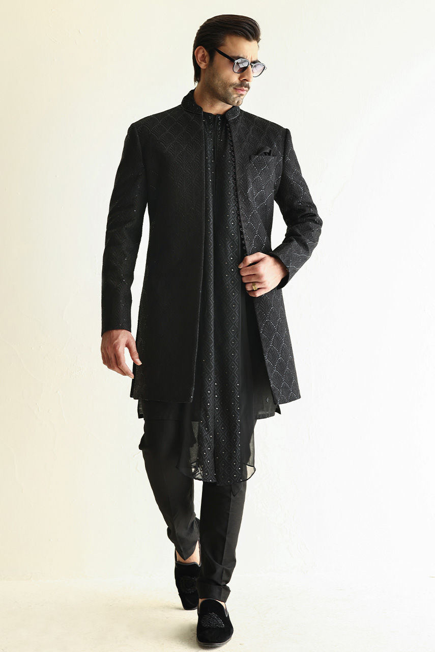 Black Embroidered Raw Silk Achkan Sherwani (4-Piece) - Image 7