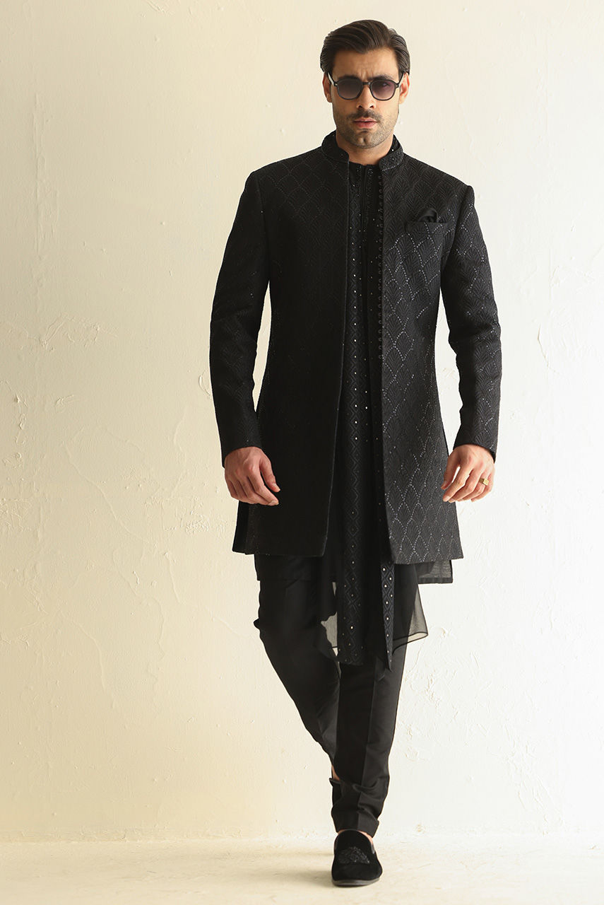 Black Embroidered Raw Silk Achkan Sherwani (4-Piece) - Image 8