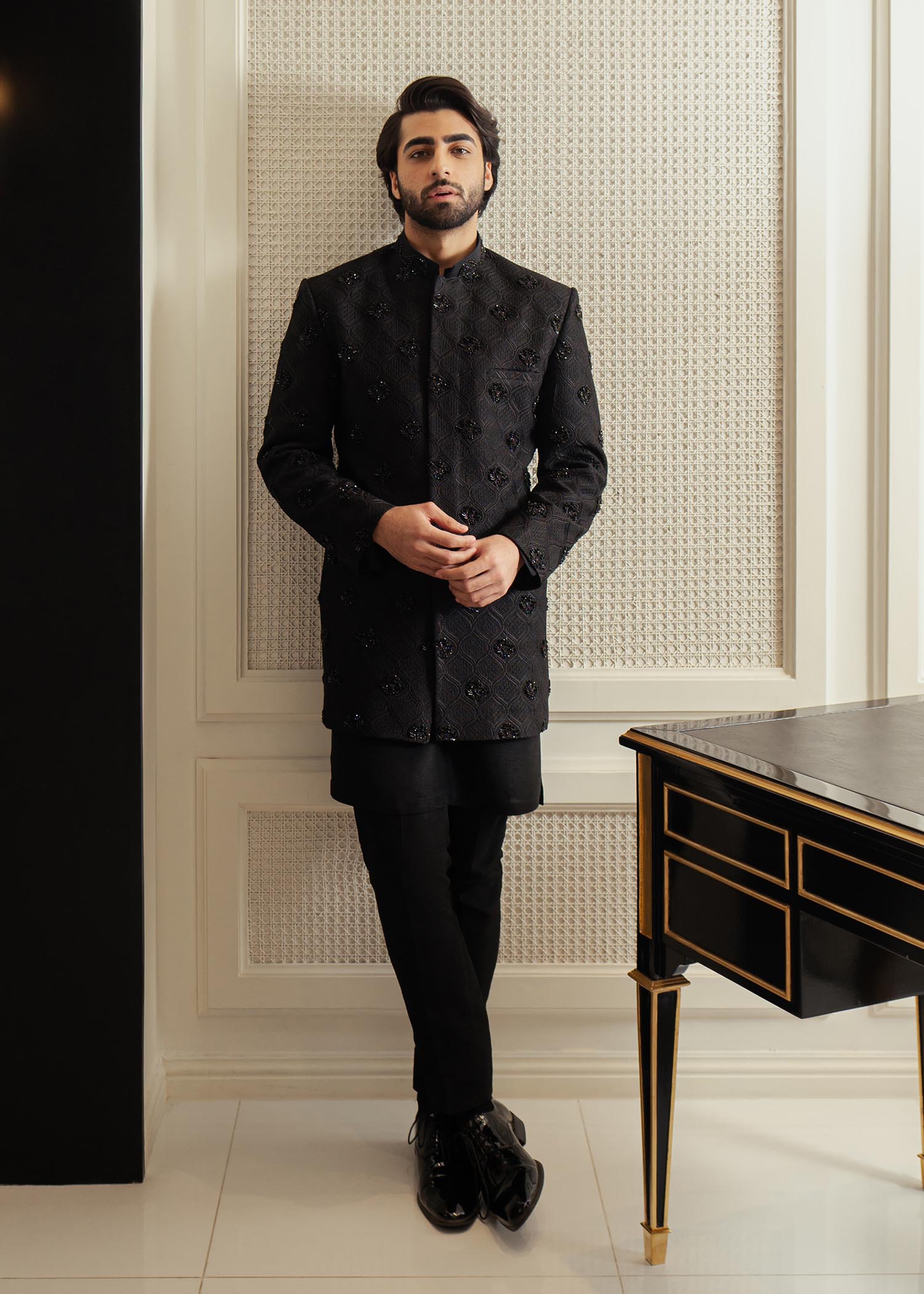 Black Embroidered Korean Raw Silk Sherwani (3-Piece) - Image 1