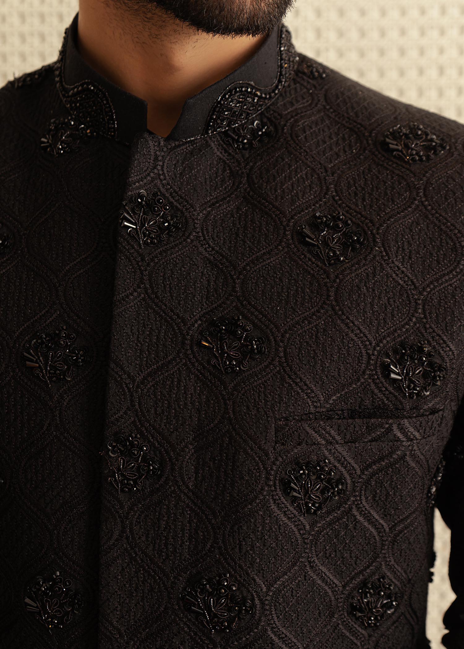 Black Embroidered Korean Raw Silk Sherwani (3-Piece) - Image 2