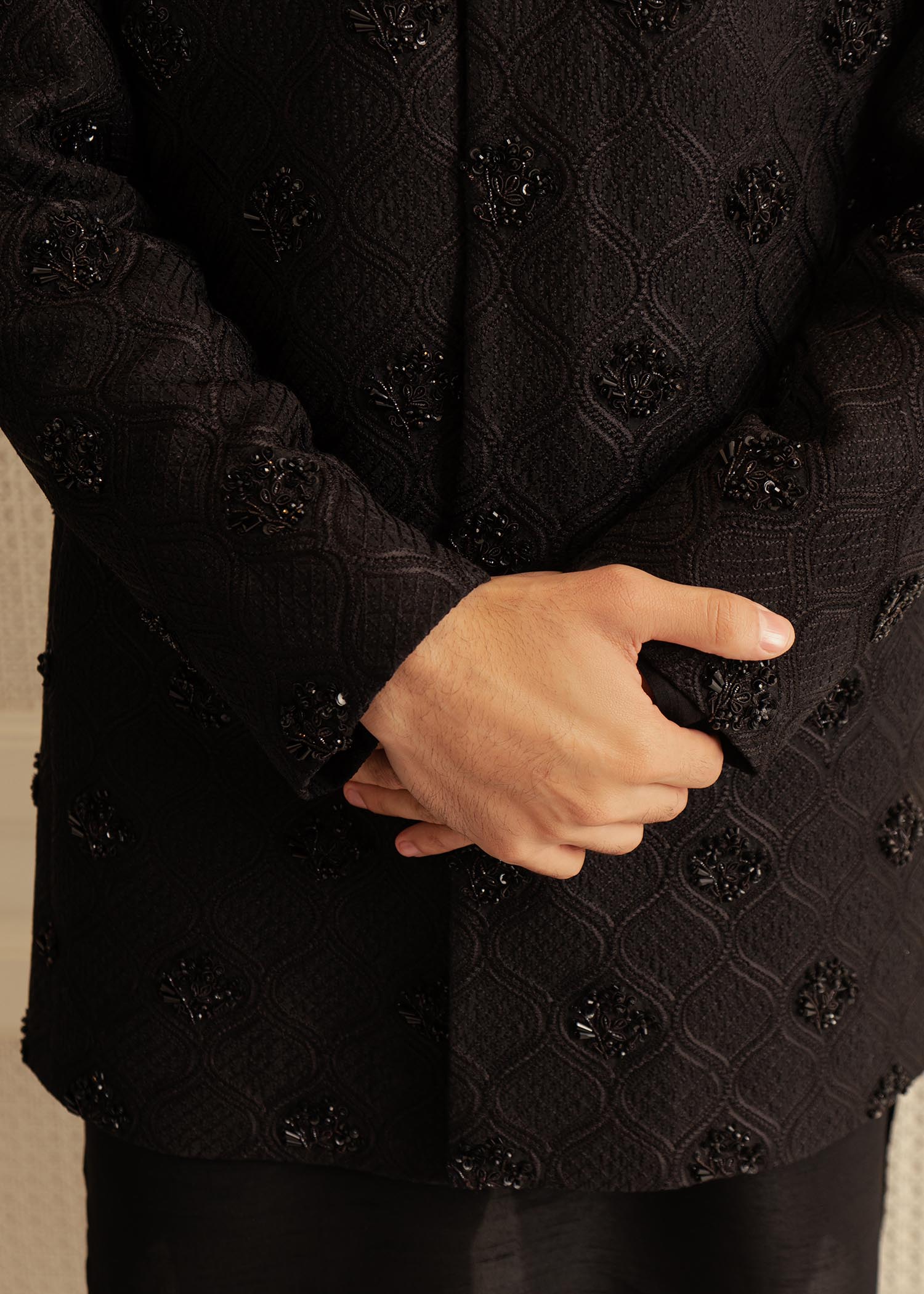 Black Embroidered Korean Raw Silk Sherwani (3-Piece) - Image 3