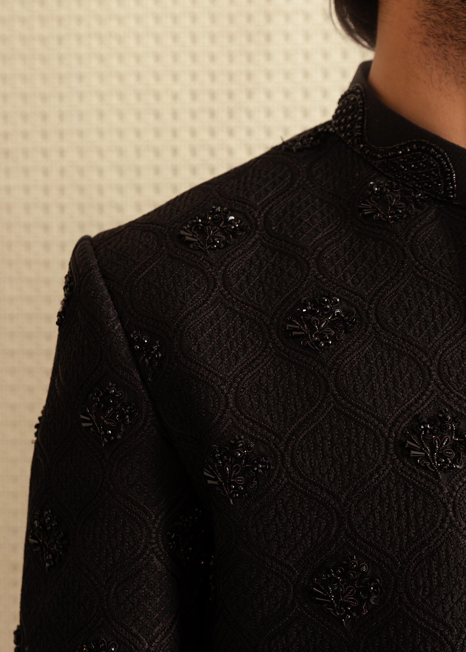 Black Embroidered Korean Raw Silk Sherwani (3-Piece) - Image 4