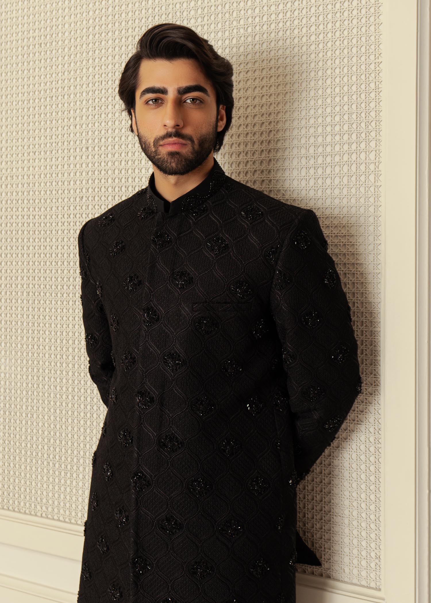 Black Embroidered Korean Raw Silk Sherwani (3-Piece) - Image 5
