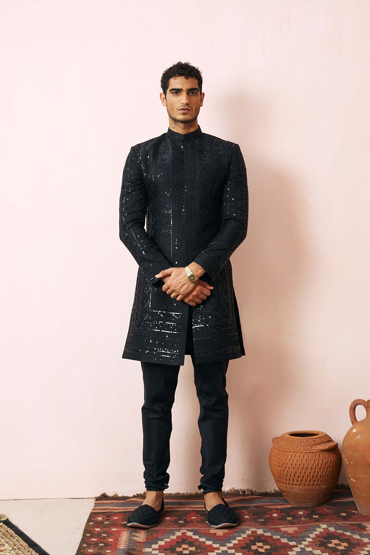 Onyx Black Resham Embroidered Silk Sherwani (2-Piece) - Image 4