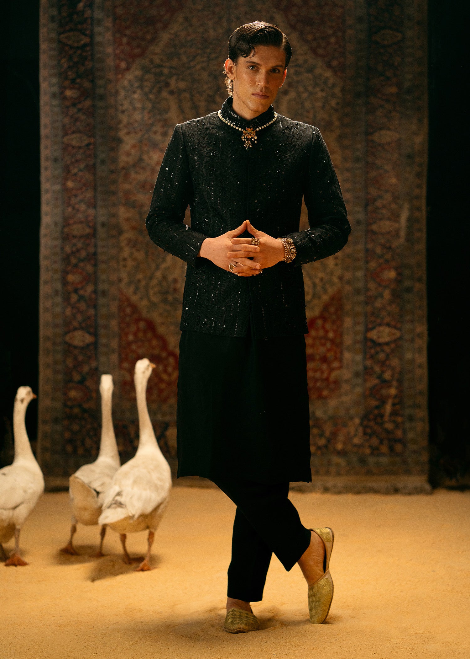 Black Self-Embroidered Raw Silk Achkan Sherwani (3-Piece) - Image 1