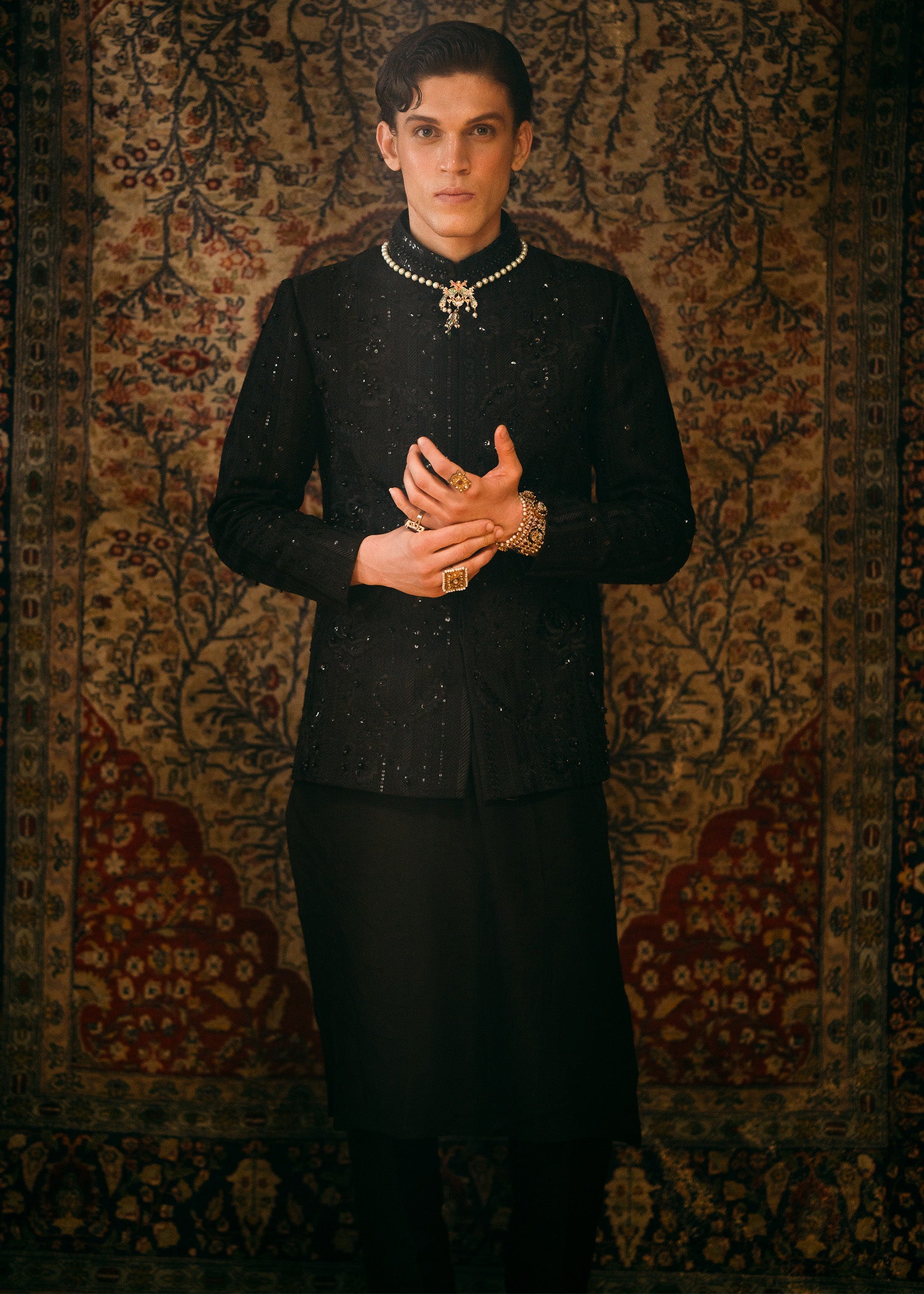 Black Self-Embroidered Raw Silk Achkan Sherwani (3-Piece) - Image 2