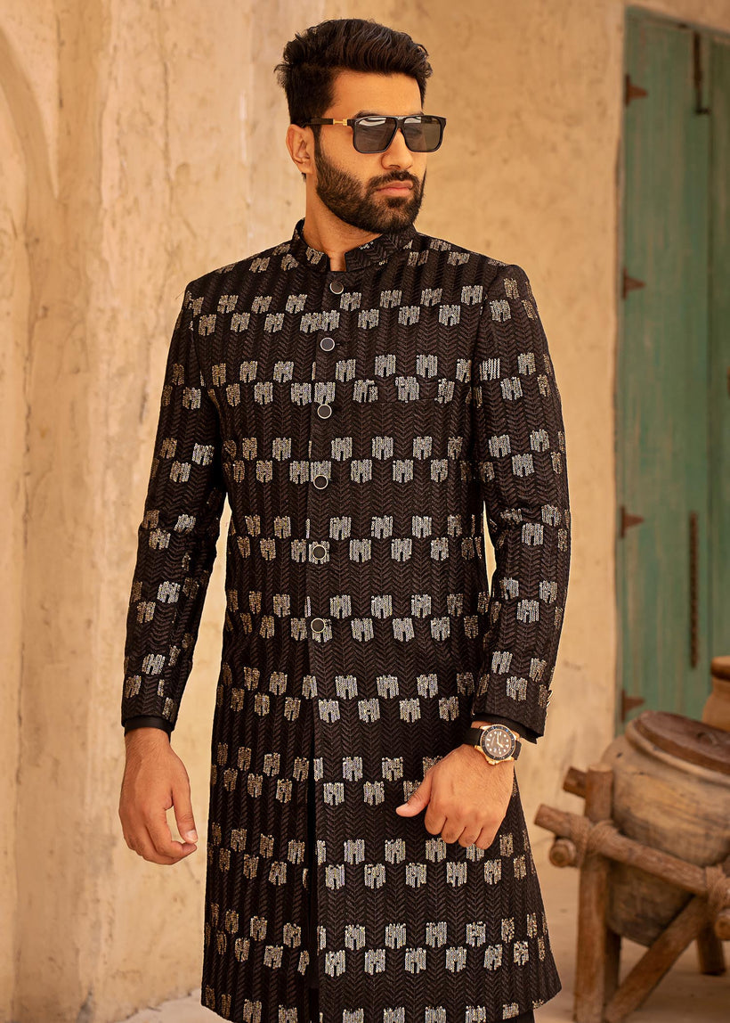 Black Gold Sequin Raw Silk Sherwani (2-Piece) - Image 1
