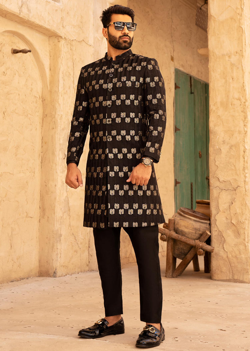 Black Gold Sequin Raw Silk Sherwani (2-Piece) - Image 2