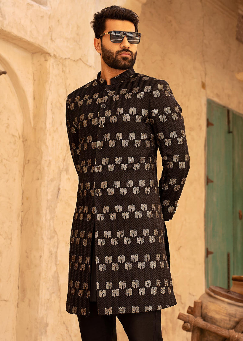 Black Gold Sequin Raw Silk Sherwani (2-Piece) - Image 3