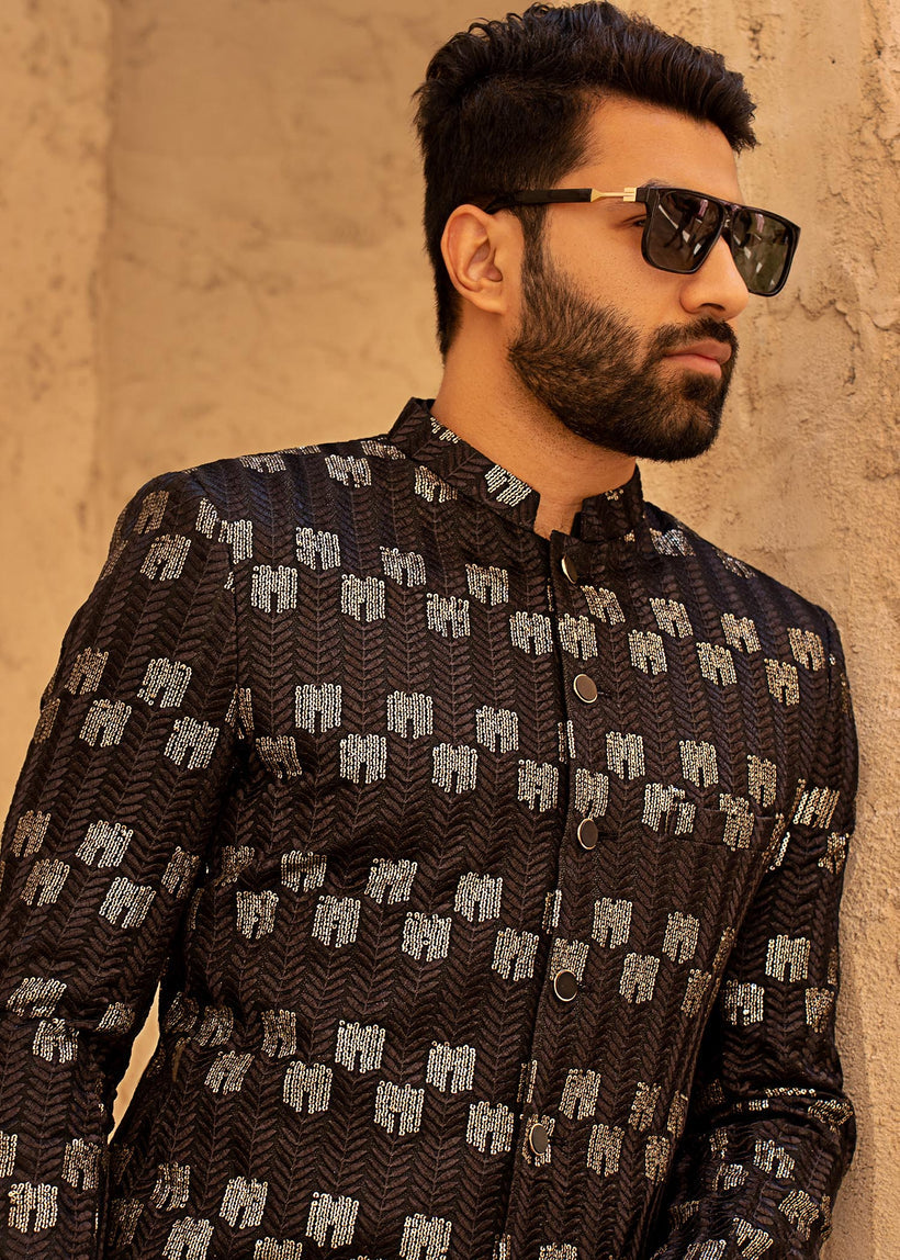 Black Gold Sequin Raw Silk Sherwani (2-Piece) - Image 5