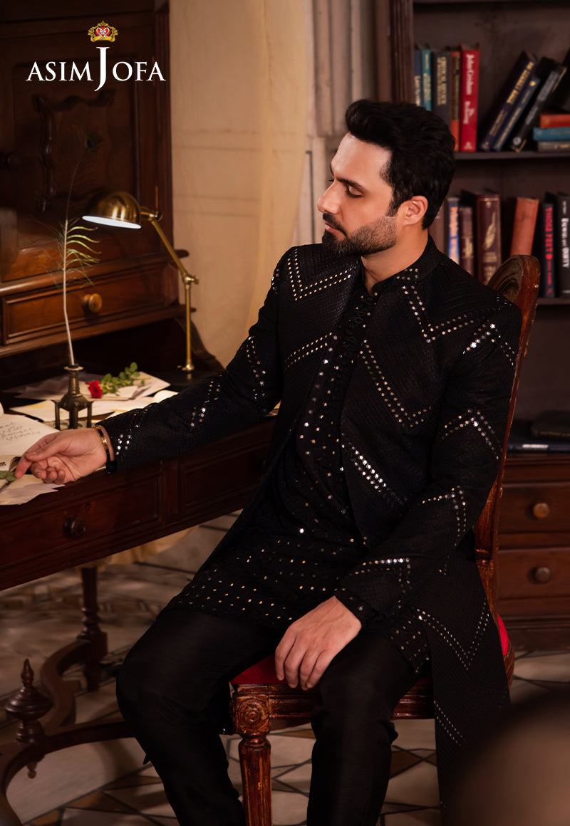 Black Sequin Resham Raw Silk Sherwani (3-Piece) - Image 2