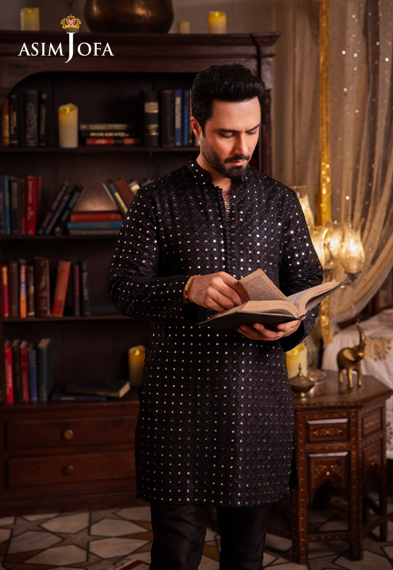 Black Sequin Resham Raw Silk Sherwani (3-Piece) - Image 3
