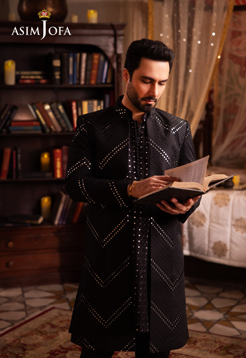 Black Sequin Resham Raw Silk Sherwani (3-Piece) - Image 5