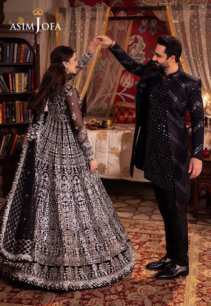 Black Sequin Resham Raw Silk Sherwani (3-Piece) - Image 9