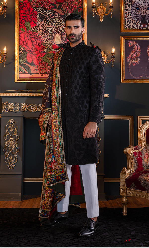 Black Embroidered Raw Silk Sherwani (3-Piece) - Image 2