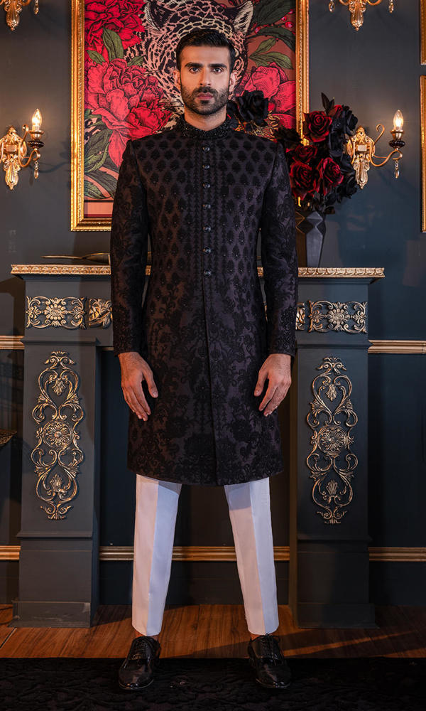 Black Embroidered Raw Silk Sherwani (3-Piece) - Image 3