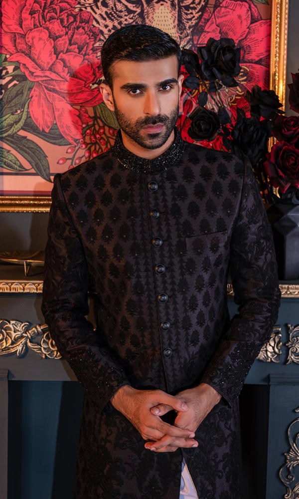 Black Embroidered Raw Silk Sherwani (3-Piece) - Image 4