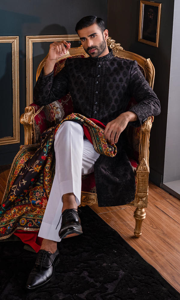 Black Embroidered Raw Silk Sherwani (3-Piece) - Image 6