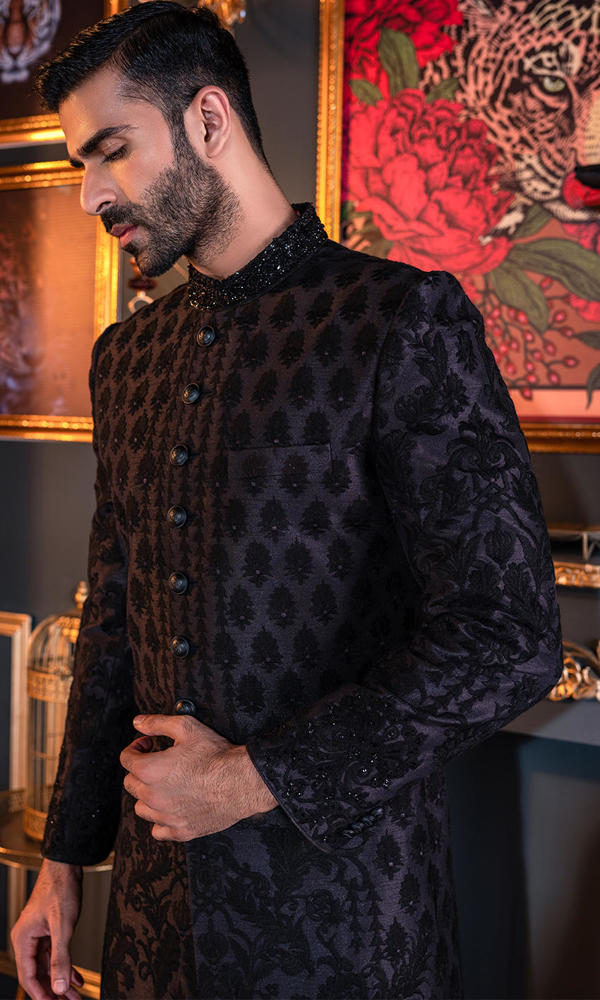 Black Embroidered Raw Silk Sherwani (3-Piece) - Image 7