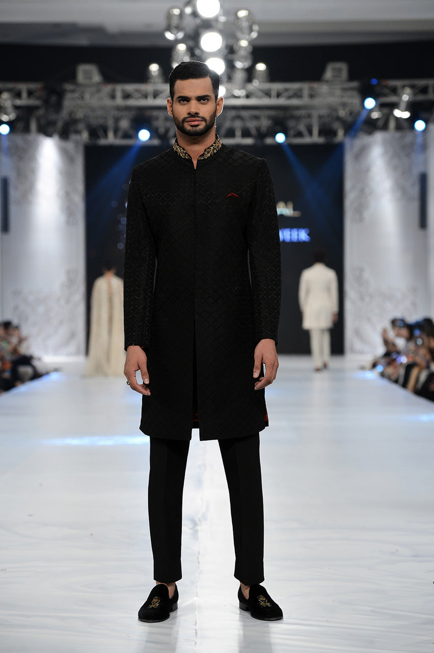 Black Embroidered Raw Silk Sherwani (2-Piece) - Image 1