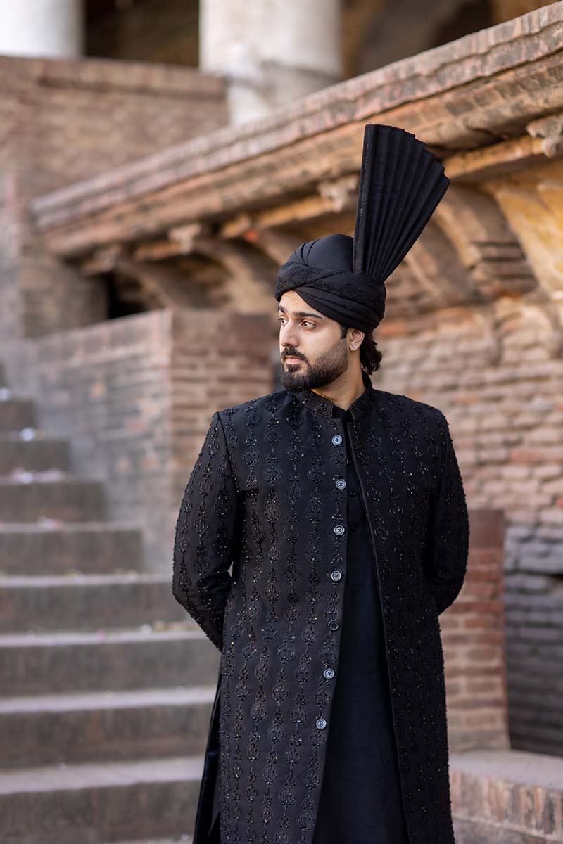 Black Embroidered Raw Silk Sherwani (3-Piece) - Image 1