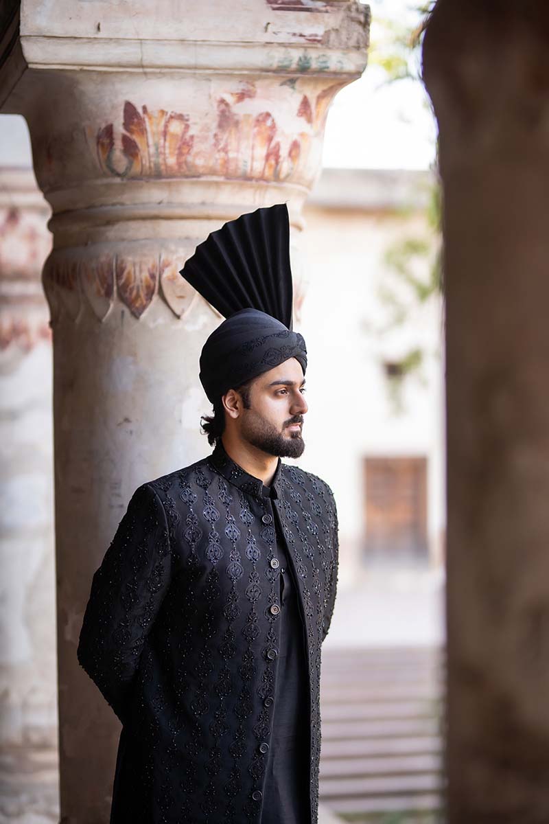 Black Embroidered Raw Silk Sherwani (3-Piece) - Image 2