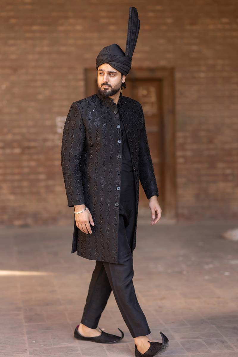 Black Embroidered Raw Silk Sherwani (3-Piece) - Image 3