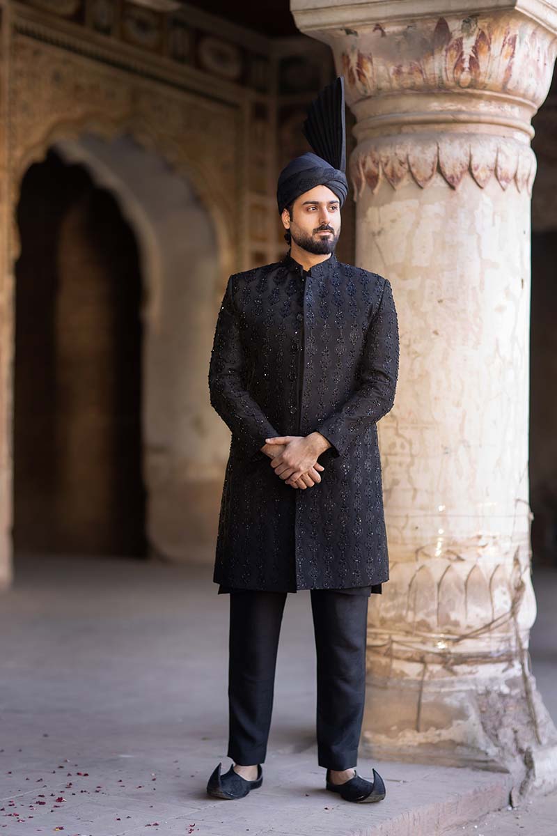 Black Embroidered Raw Silk Sherwani (3-Piece) - Image 4
