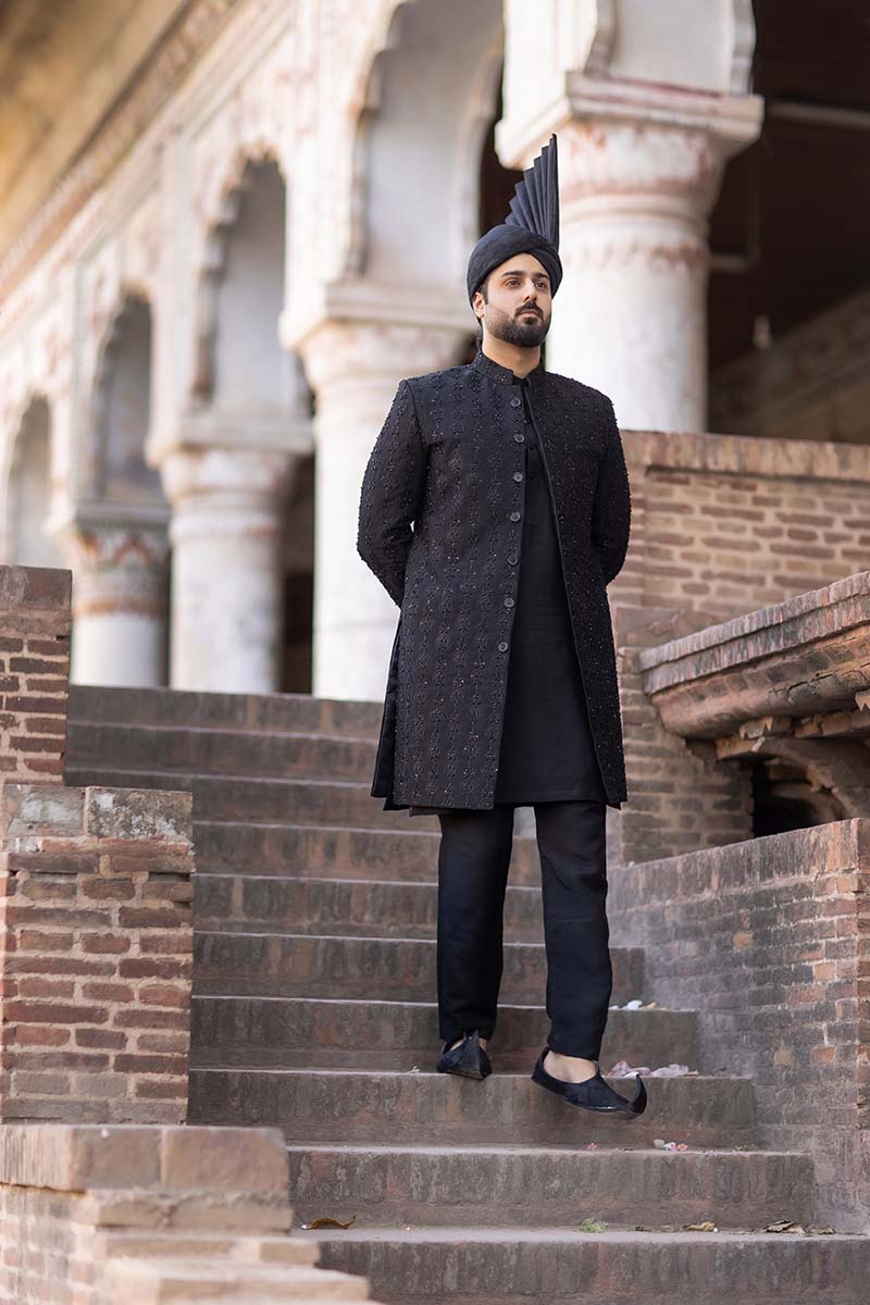 Black Embroidered Raw Silk Sherwani (3-Piece) - Image 5
