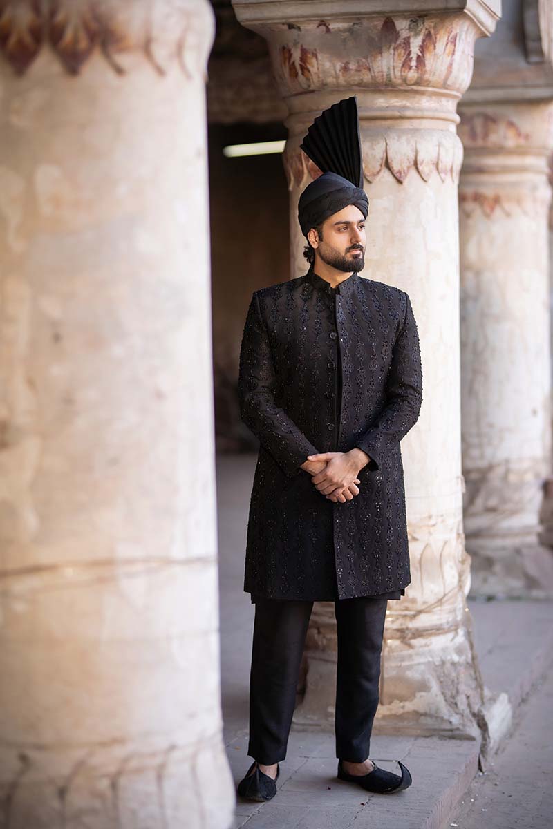 Black Embroidered Raw Silk Sherwani (3-Piece) - Image 6