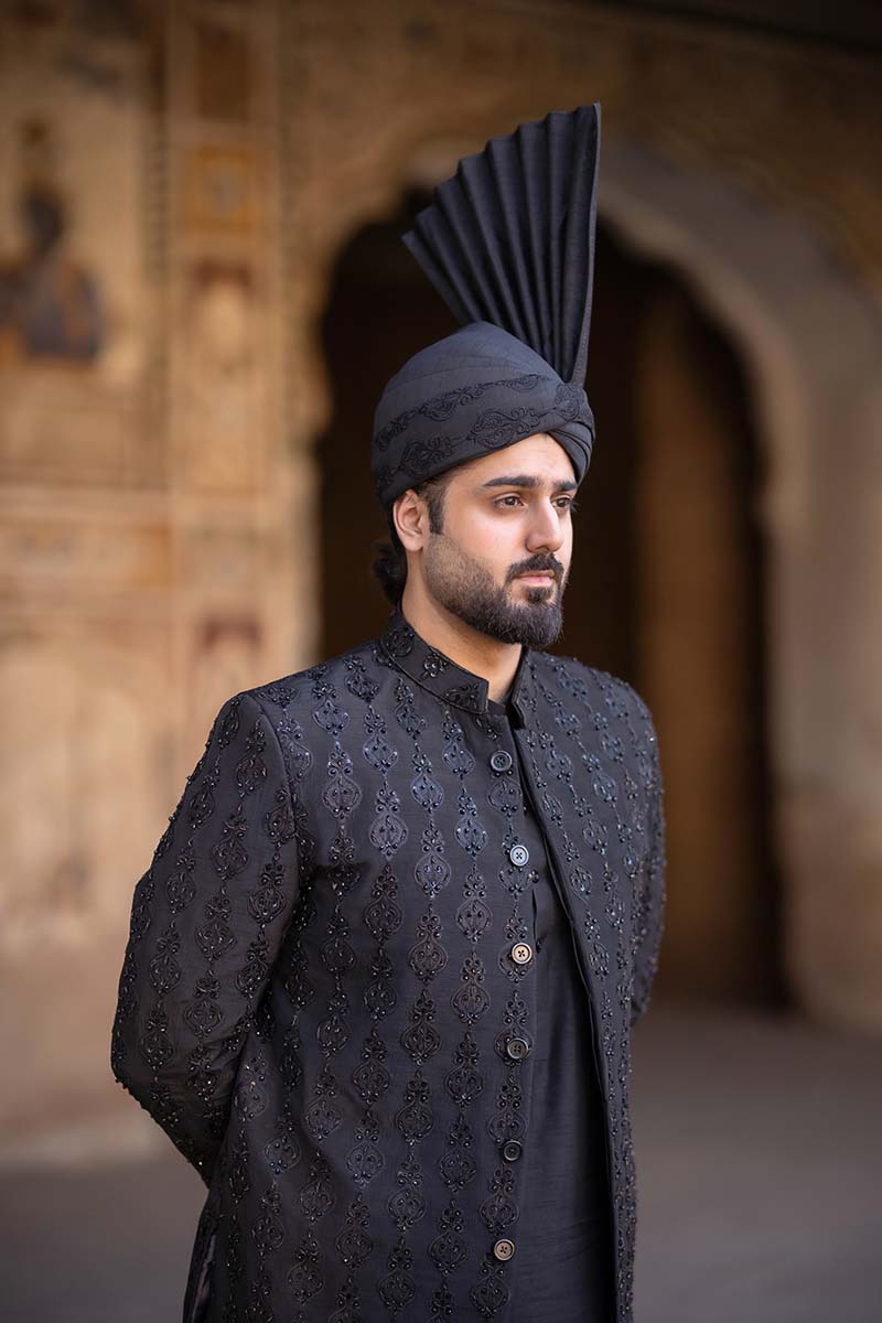 Black Embroidered Raw Silk Sherwani (3-Piece) - Image 7