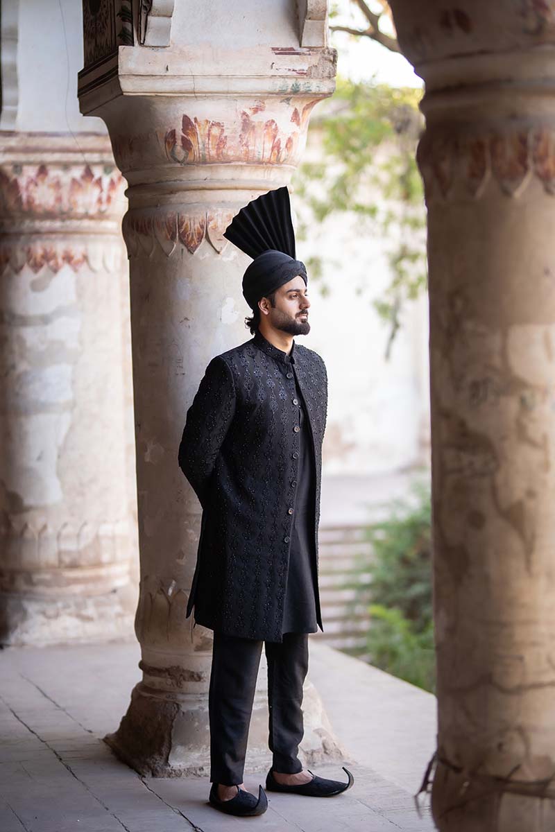Black Embroidered Raw Silk Sherwani (3-Piece) - Image 8