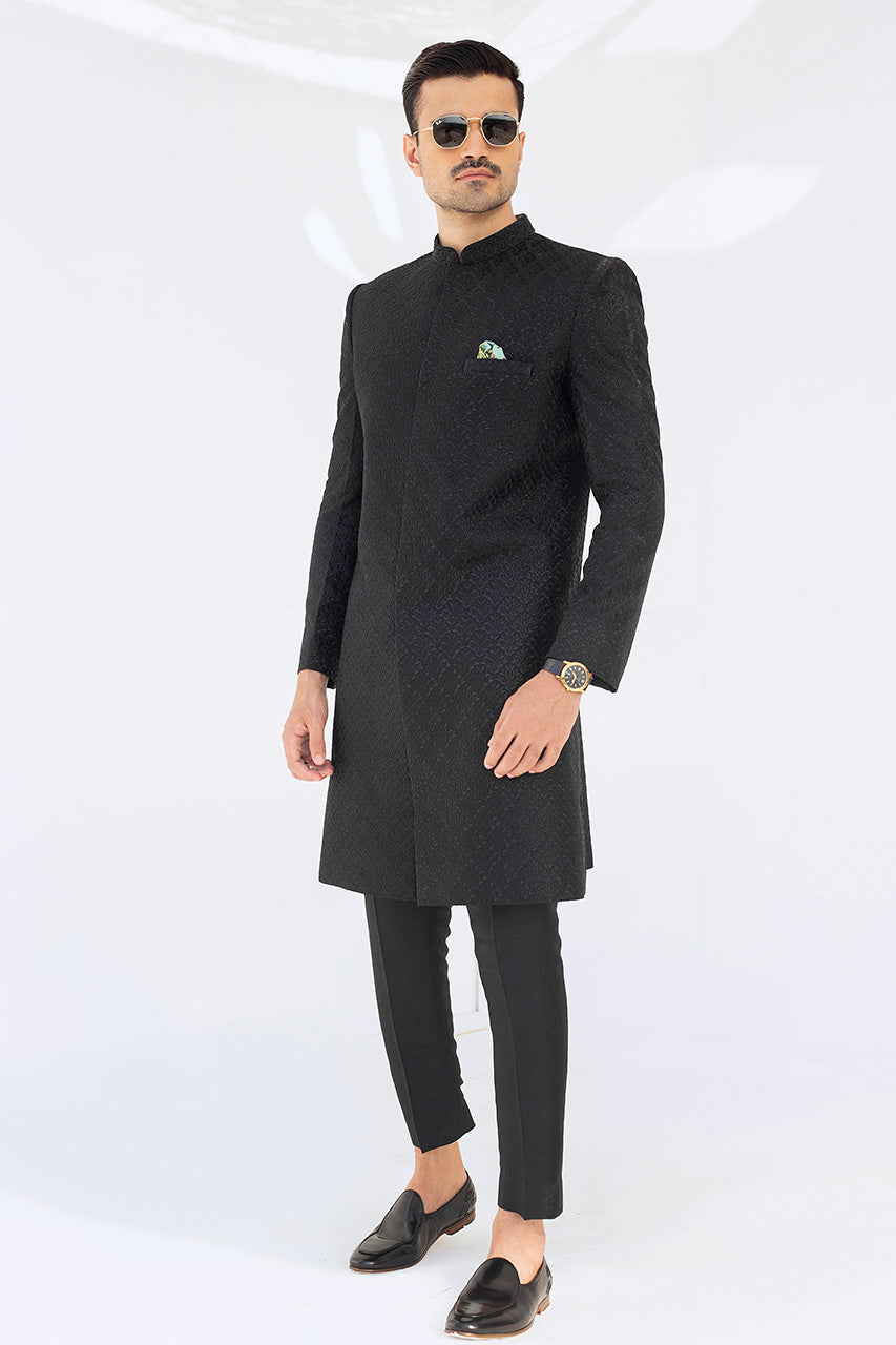 Black Embroidered Raw Silk Sherwani (2-Piece) - Image 1