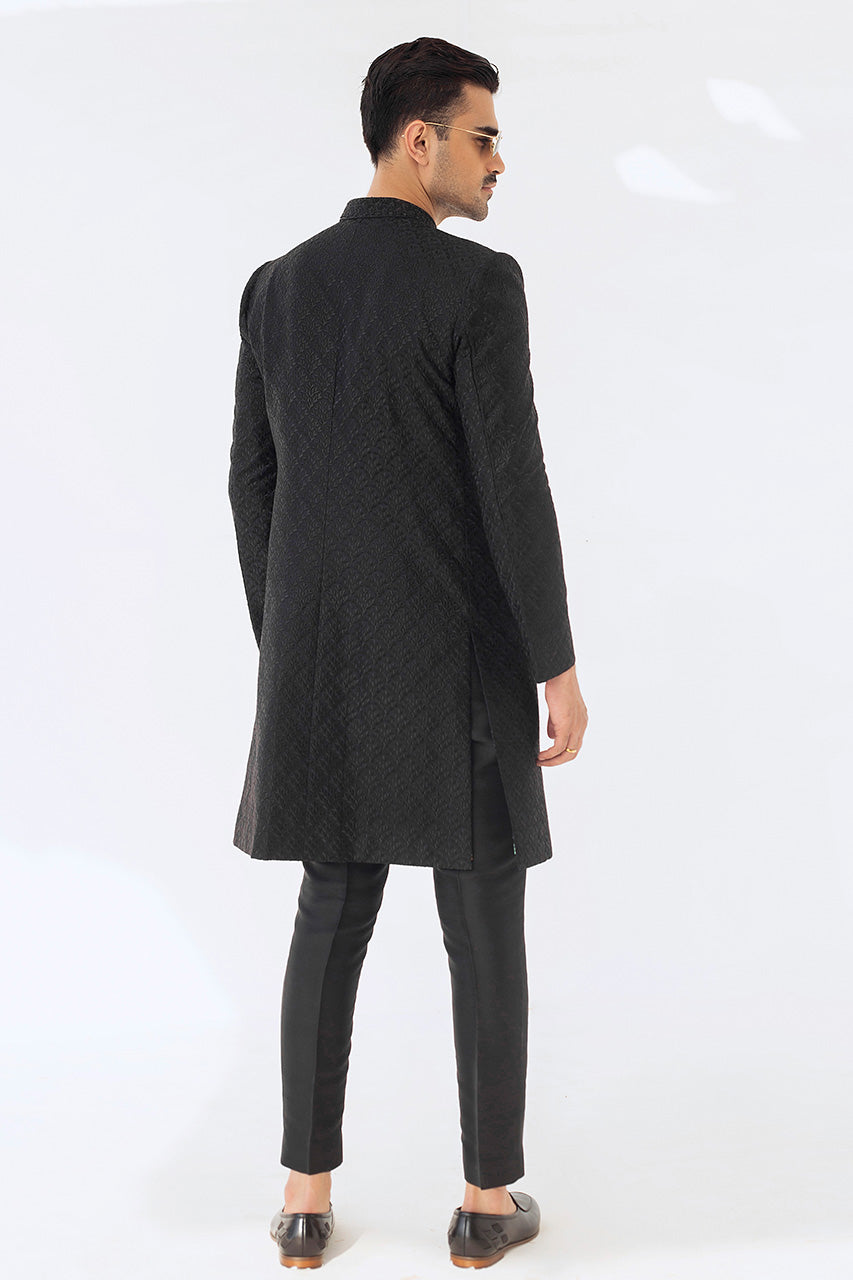 Black Embroidered Raw Silk Sherwani (2-Piece) - Image 2
